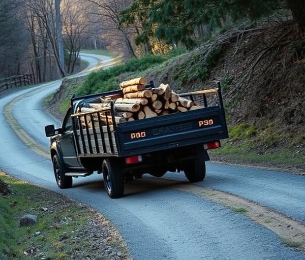 Truck and trailer loaded with split firewood