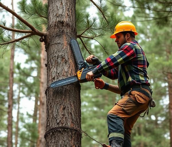 Crew member limbing a pine tree with a chainsaw